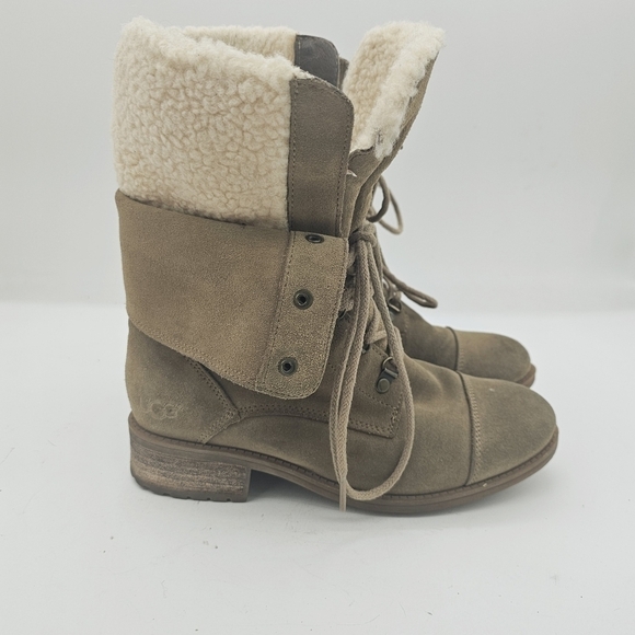 Ugg Gradin Womens Tan Suede Leather Lace Up Round Toe Stacked Heel Boots Size 8 - Picture 4 of 12